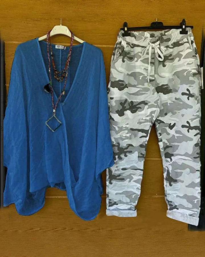 Dame nan to-delt outfit af flydende kimono-top og camouflage-joggingbukser Skovae