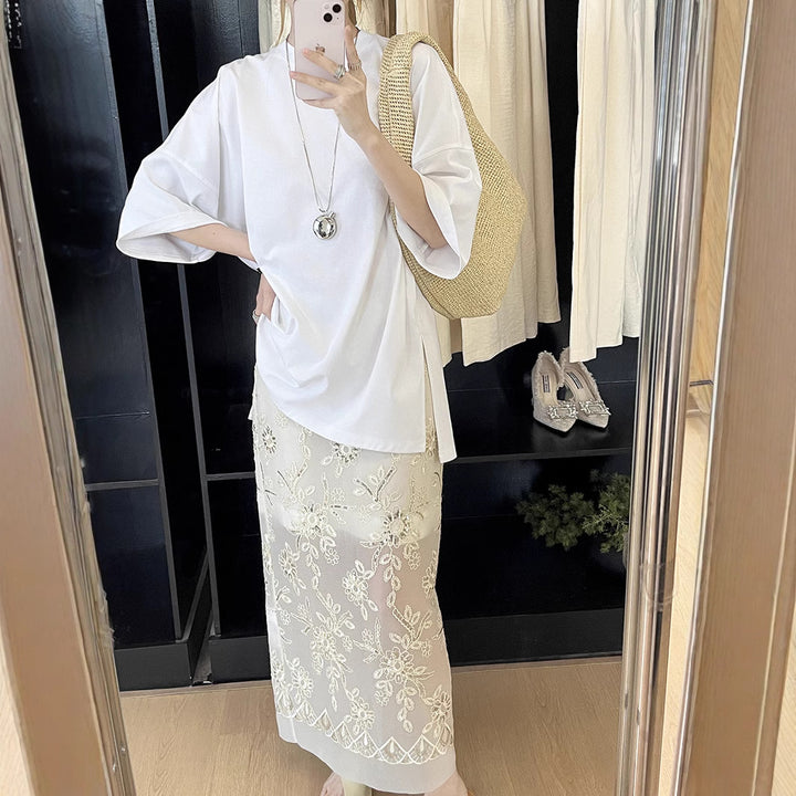 Dame elegant, broderet Midi-nederdel med fine detaljer Stilla