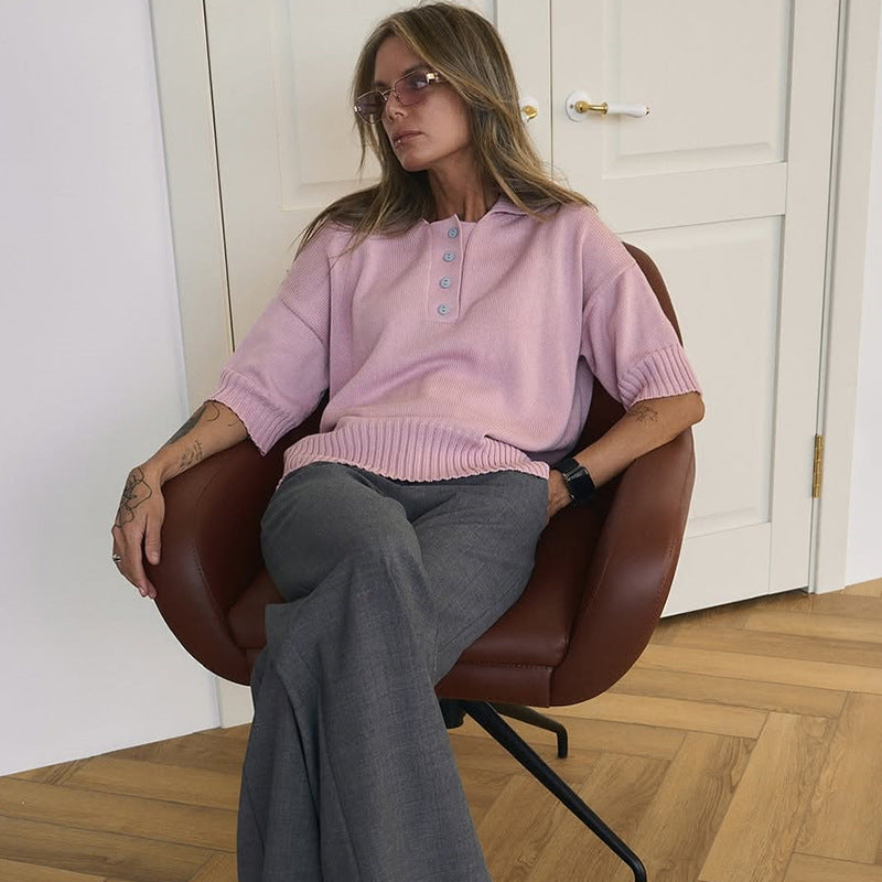 Dame afslappet strikpullover med knapliste og ribkanter Stilla