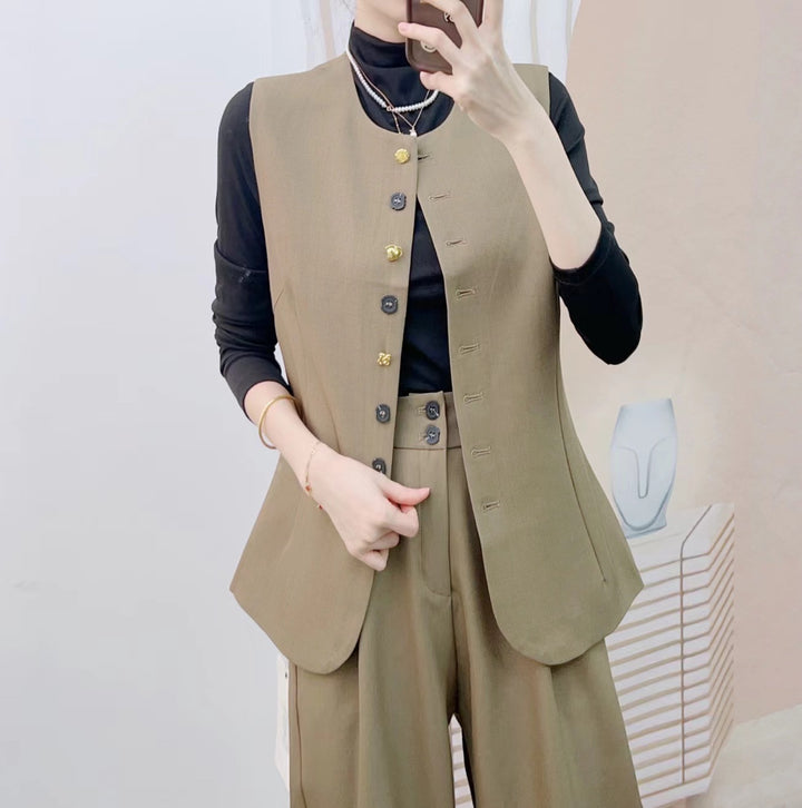 Dame Elegant Blazer-Bukser-Kombination med gyldne knapdetaljer og struktureret stof Stilla