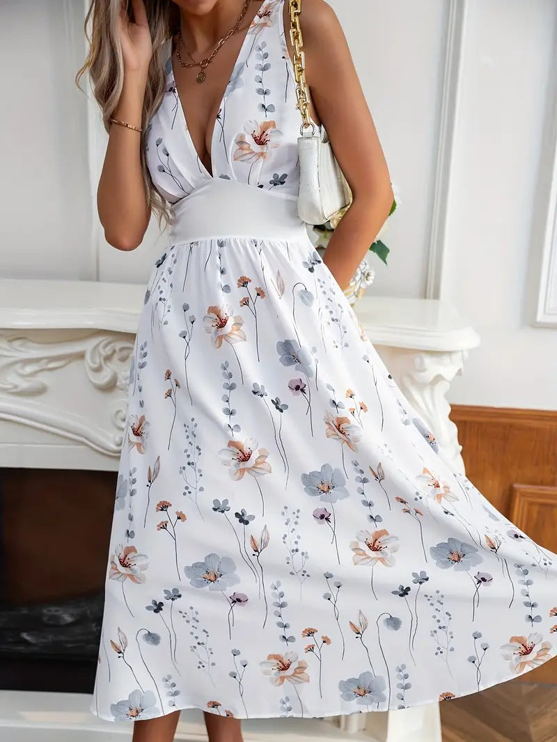 Dame Elegant Blomstret Midi Kjole Stilla