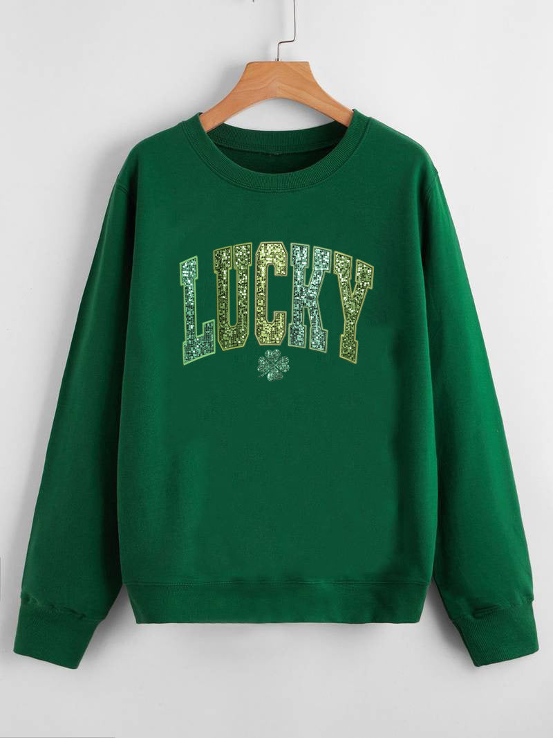 Dame casual sweatshirt med glitrende skrift og kløver motiv Stilla