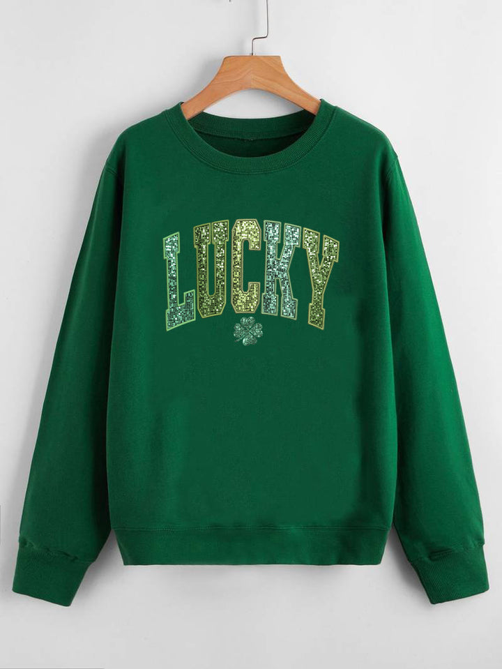 Dame casual sweatshirt med glitrende skrift og kløver motiv Stilla