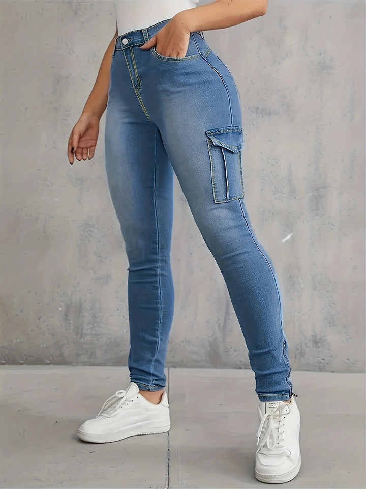 Dame Cargo Skinny Jeans med fashionable sidelommer og høj talje Stilla