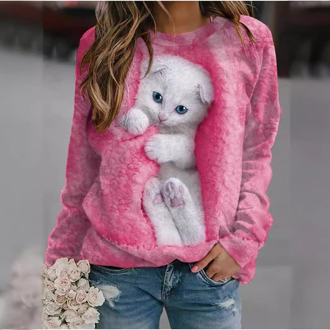 Femme Grafisk Katteprint Sweatshirt Stilla
