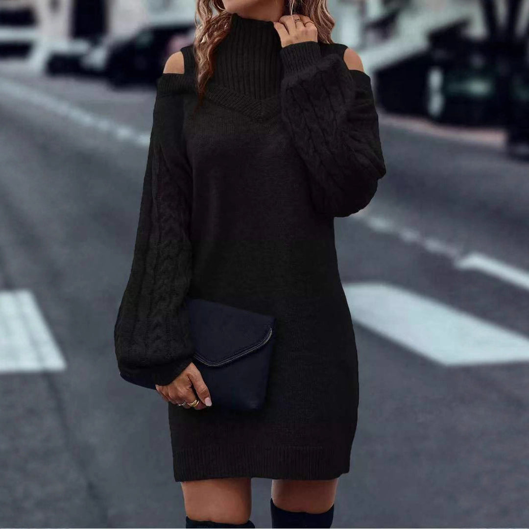 Kvindernes strik kjole med asymmetrisk off-shoulder design og voluminøse ærmer Stilla