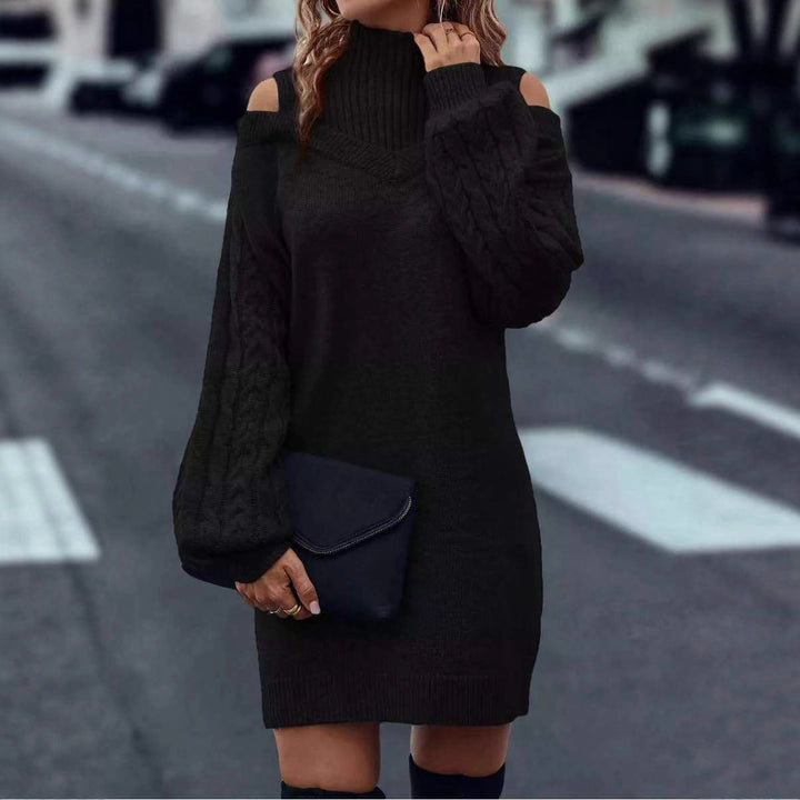 Kvindernes strik kjole med asymmetrisk off-shoulder design og voluminøse ærmer Stilla