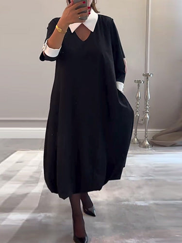 Dame afslappet skjortekjole med moderne V-udskæring og elegante kontrastærmer Stilla