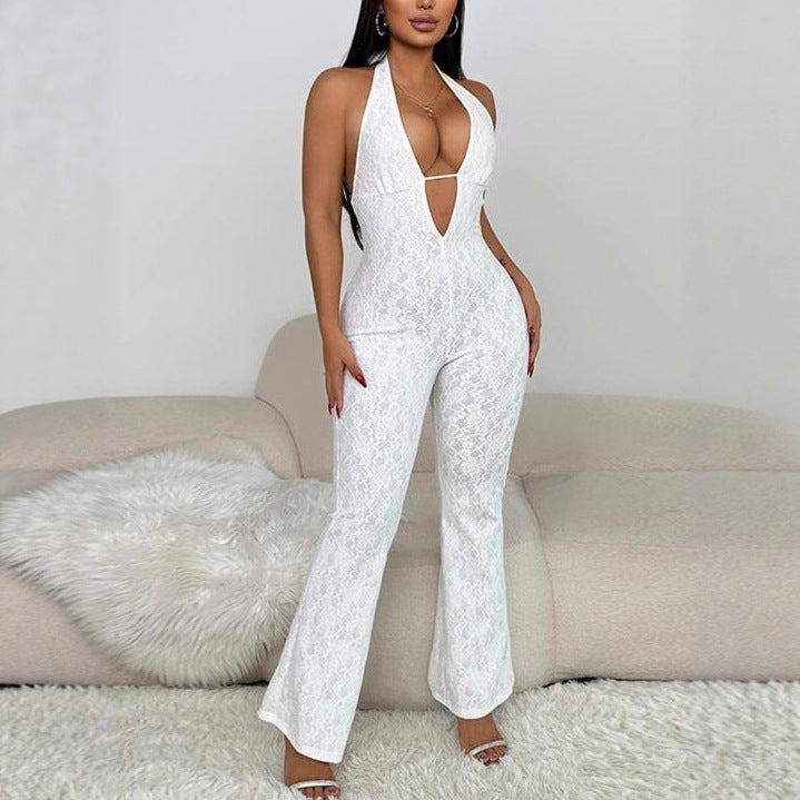 Dame elegant jumpsuit med dyb V-udskæring og spidsedetaljer Skovae