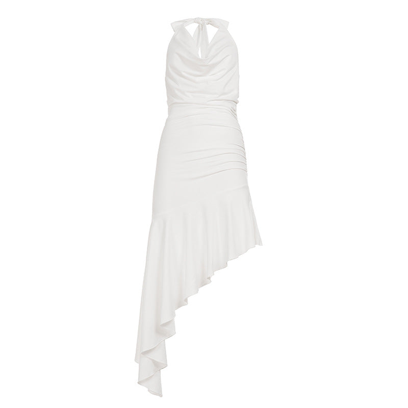 Damen asymmetrisches Maxikleid mit elegantem Halter-Design und Rüschendetails Skovae