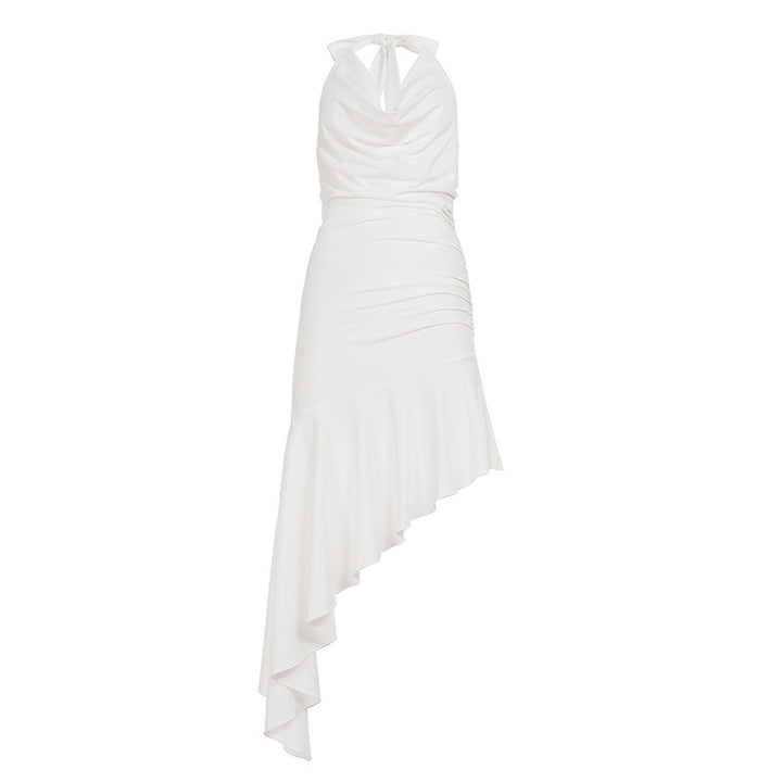 Damen asymmetrisches Maxikleid mit elegantem Halter-Design und Rüschendetails Skovae
