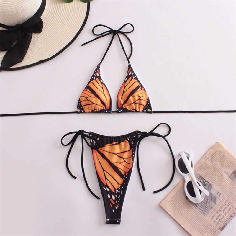 Dame triangel-bikini med sommerfugle-design og justerbare bånd Skovae