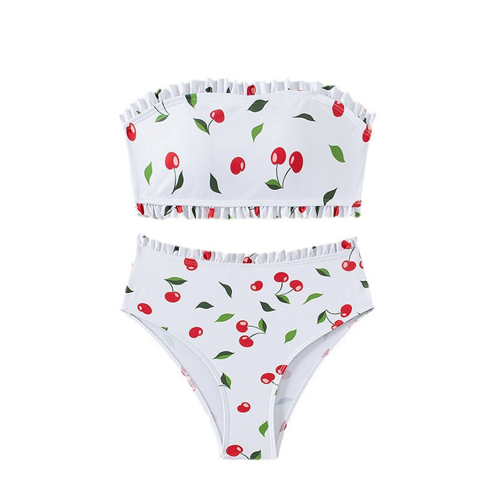 Damer Bandeau-bikini med glædeligt kirsebærmønster og elegant flæse Skovae