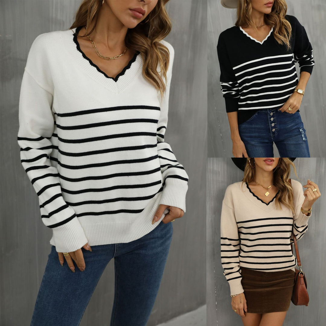 Damer fashionable V-hals pullover med stribemønster Stilla