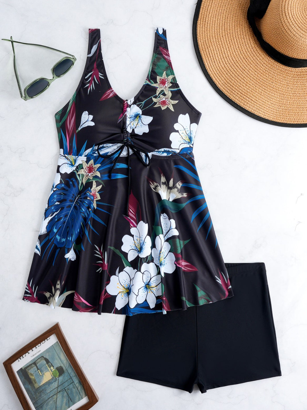 Dame Tankini-sæt med blomstret design og justerbar overdel Skovae