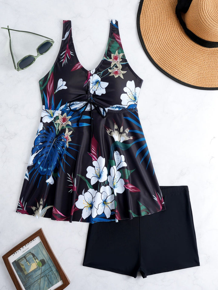 Dame Tankini-sæt med blomstret design og justerbar overdel Skovae