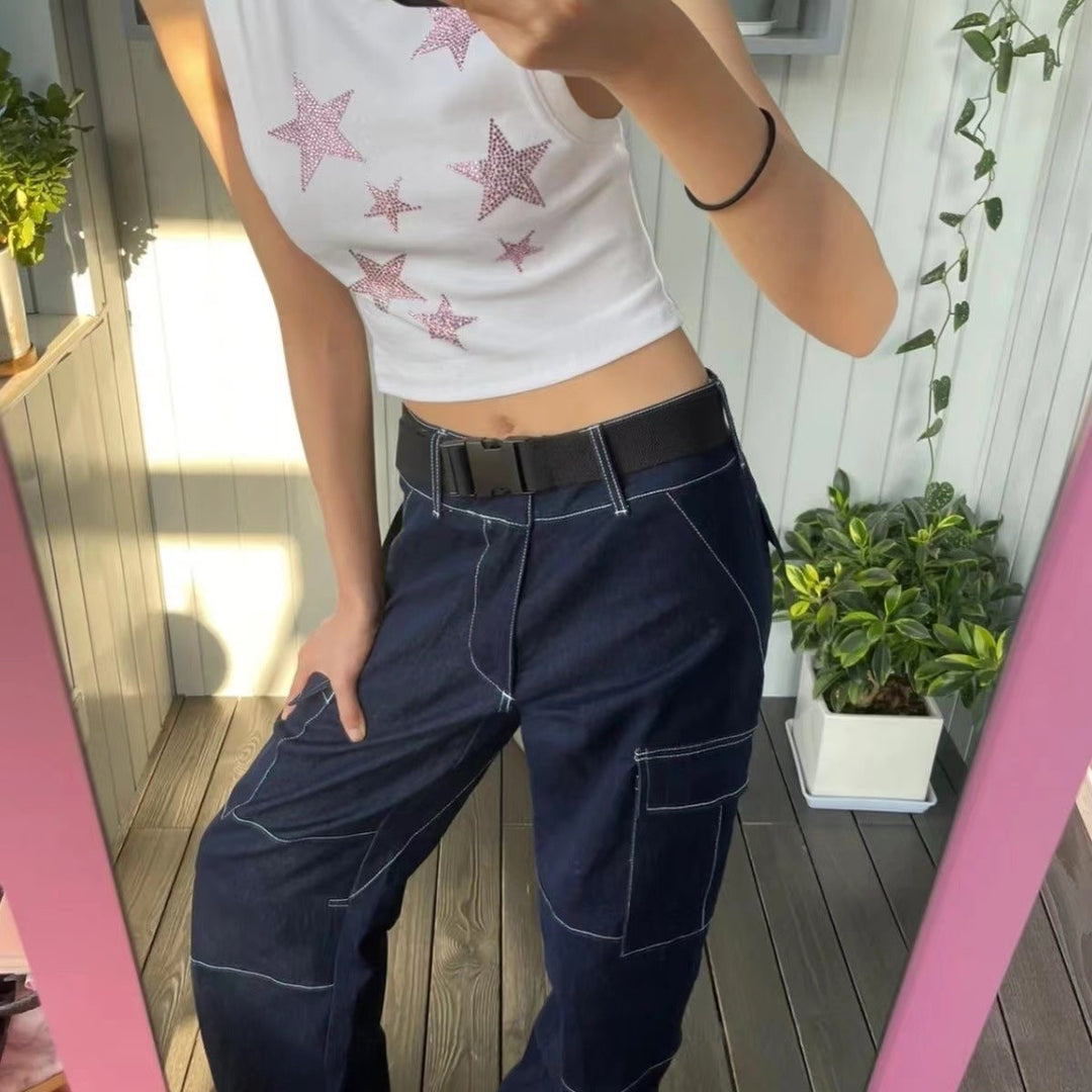 Dame Crop-Top med glitrende stjernemotiv og elastisk skæring Stilla