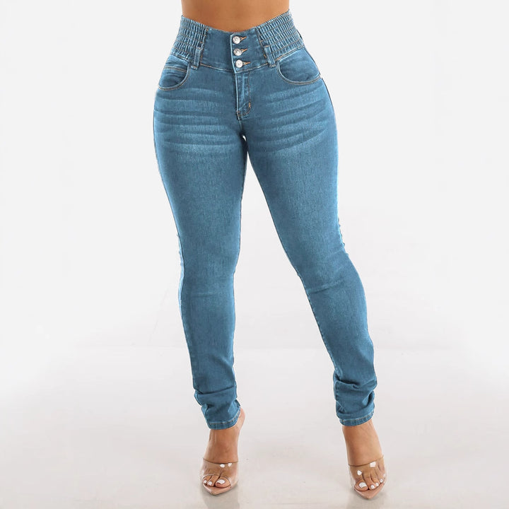 Kvinder Højere Talje Skinny Jeans med Elastisk Talje og Dekorative Knapper Stilla