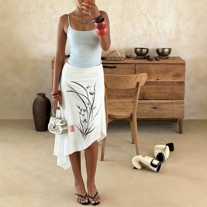 Damen asymmetrischer Rock mit floralem Druck Skovae