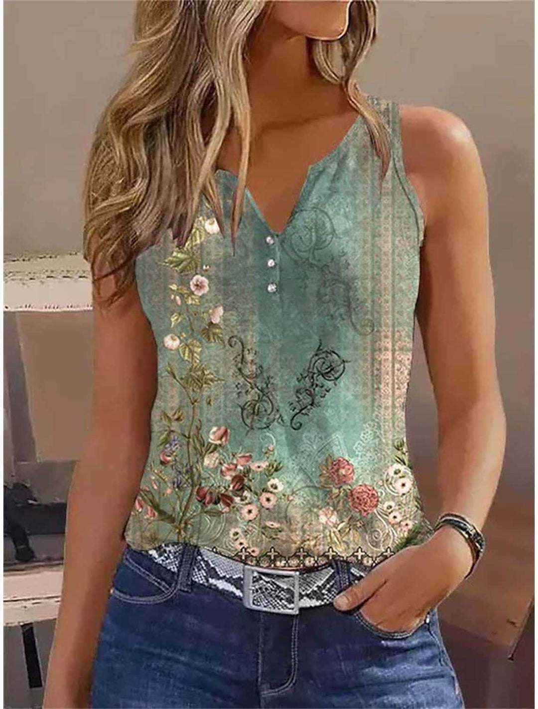 Dame ærmeløs top med blomstermotiv og knaplukning Stilla