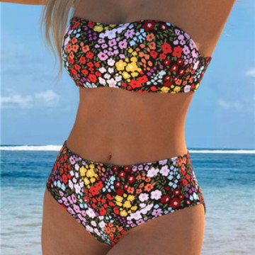 Dame bikini sæt med slidstærk bandeau top og højt skårne badebukser Skovae