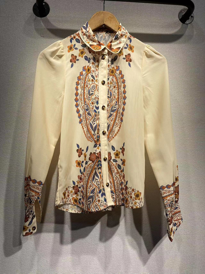 Dame elegant blouse med blomsterprint og moderigtig krave Stilla