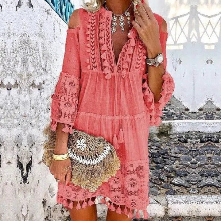 Dame Boho-tunika med spidsdetaljer og åbne skuldre Stilla