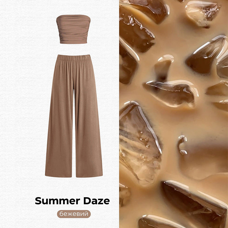 Dame Casual To-dels Sæt i flydende stof med off-shoulder top og vide bukser Stilla