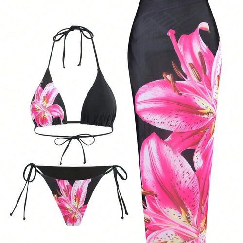 Dame bikini-sæt med blomstermønster og matchende sarong Skovae