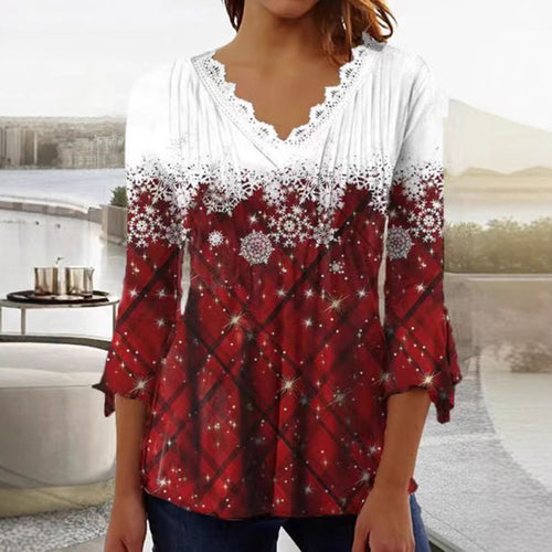 Dame nan tunika-bluse med spids v-hals, fin plissé-patch og vinterligt snefnug-print skovae