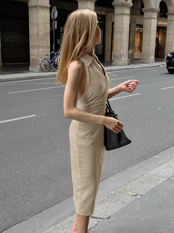 Dame Langærmet Kjole i moderne Minimalisme-stil med dyb slids og elegant krave Stilla