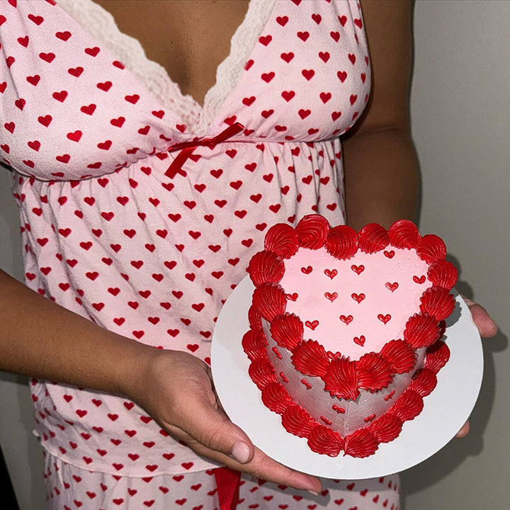 Dame pyjamasæt med hjerteprint og blonder Skovae