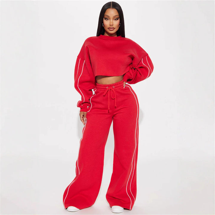 Kvinders sporty cropped sweatshirt og joggingdragt sæt med praktiske lommer og løs pasform Skovae