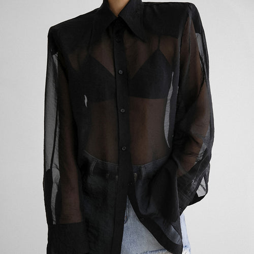 Dame store størrelser skjorte bluse med asymmetrisk design og gennemsigtige ærmer Stilla