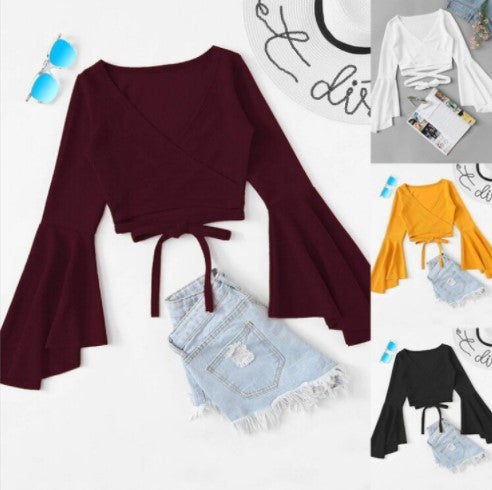 Dame Flared Ærme Cropped Wrap Top Stilla