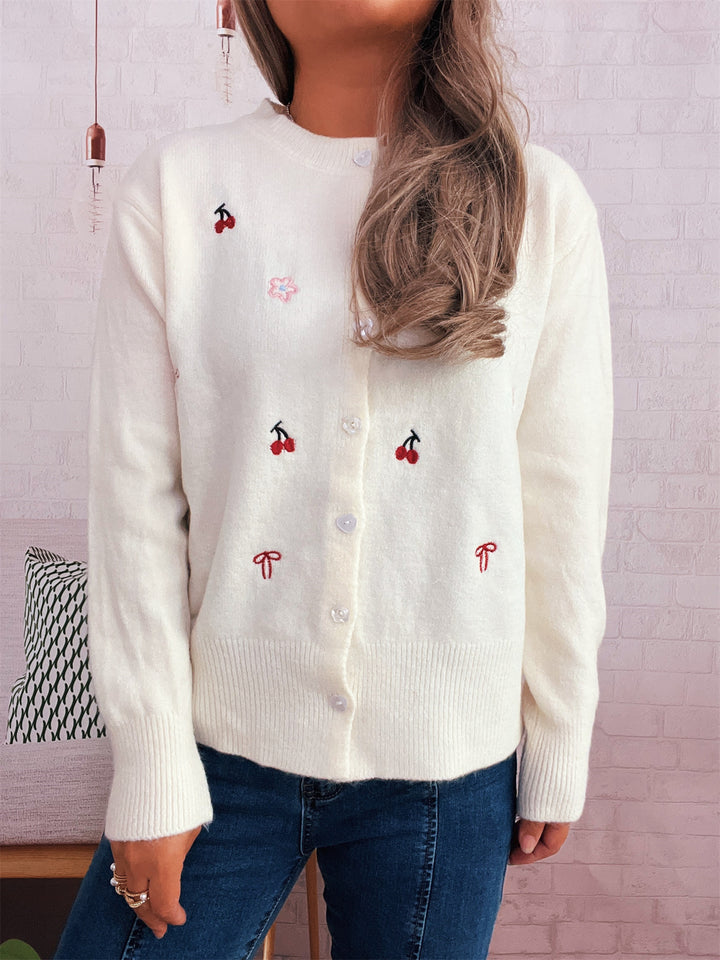 Dame cardigan med farverigt broderi-design og knaplukning Stilla