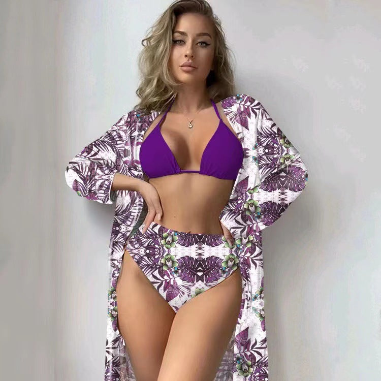 Dame bikini sæt med blomster kaftan og højt skåret trusse Stilla