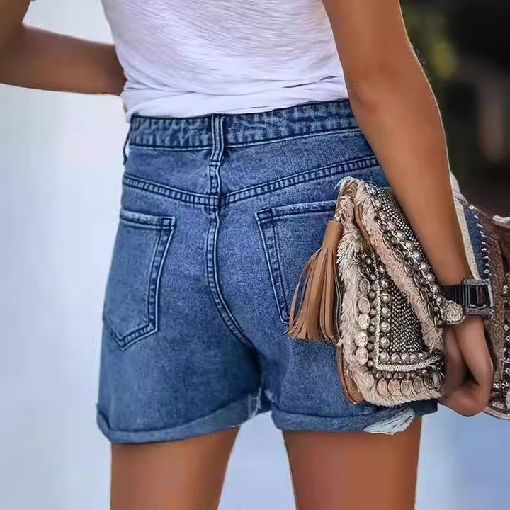 Dame sommerlige destroyed jeansshorts med opfoldet kant Skovae