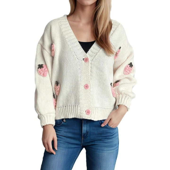 Dame cardigan med legende jordbærmotiv og store knapper Stilla