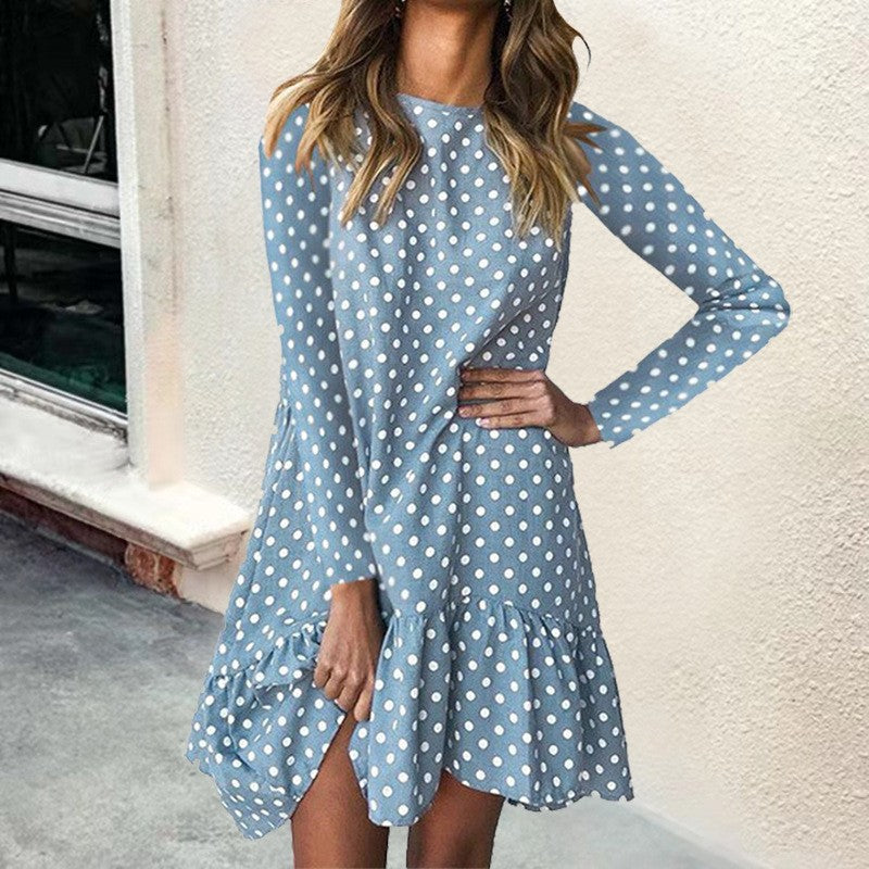 Dame luftig Polka-Dots kjole med flæsekant og lange ærmer Stilla