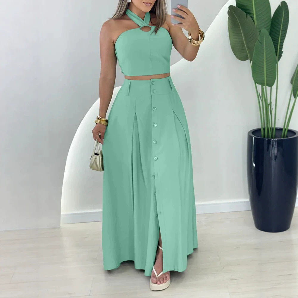 Dame elegant crop top og maxiskørt sæt med knaplukning og slids Skovae