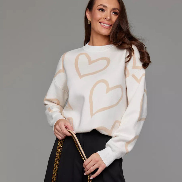 Dame Oversized Hjerte mønster Strikpullover Stilla