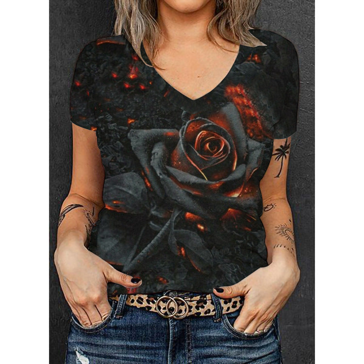 Dame V-hals T-shirt med floralt overblendedesign Skovae