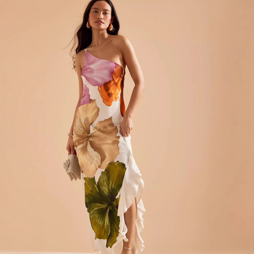 Dame One-Shoulder Maxikjole med blomsterdesign og elegant flæsekant Stilla