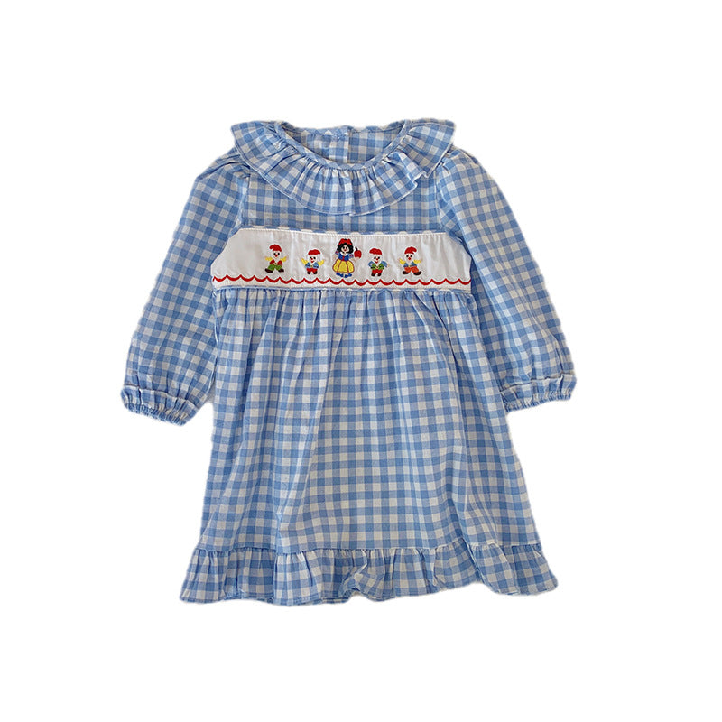 Pige Gingham-rutete kjole med fantasifuld karaktérbroderi Stilla