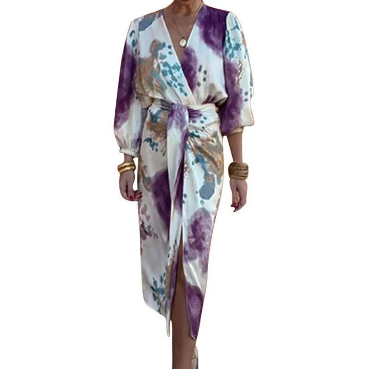 Dame omslagskjole med dyb V-hals og puffærmer Stilla
