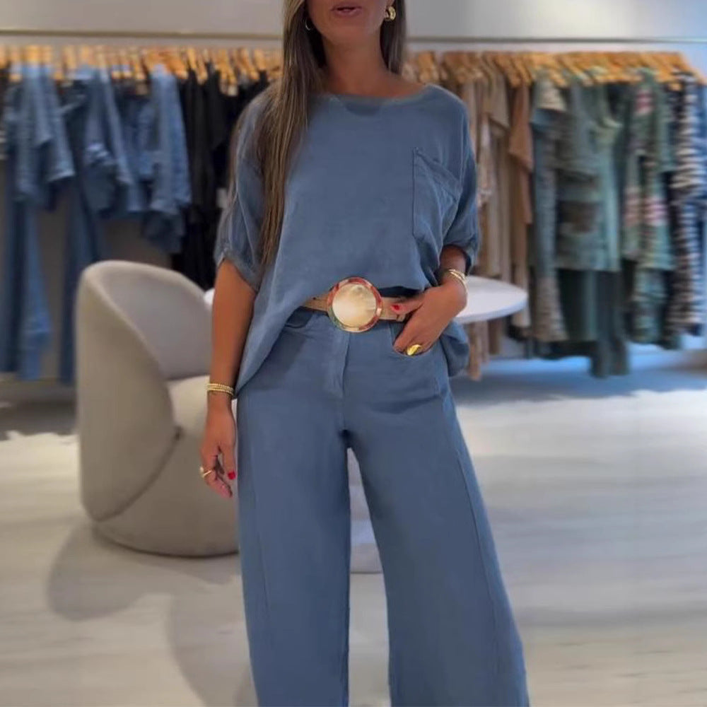 Damer i Leinenmix-sæt med boxy oversize-shirt, brystlomme og bred palazzo-bukser Skovae