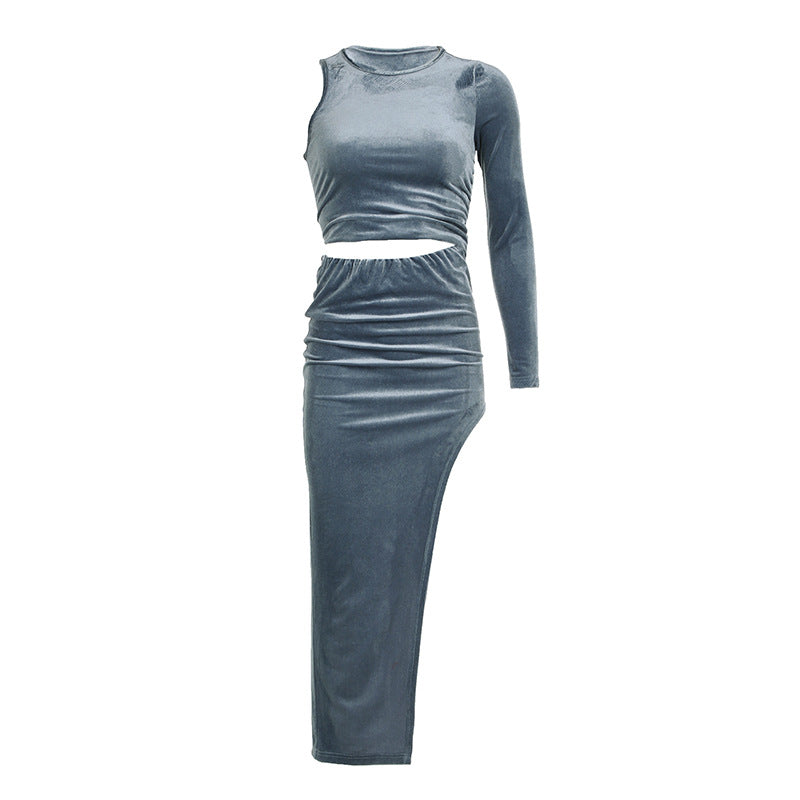 Damen elegantes, figurbetontes Maxikleid mit asymmetrischem Saum und langen Ärmeln Skovae
