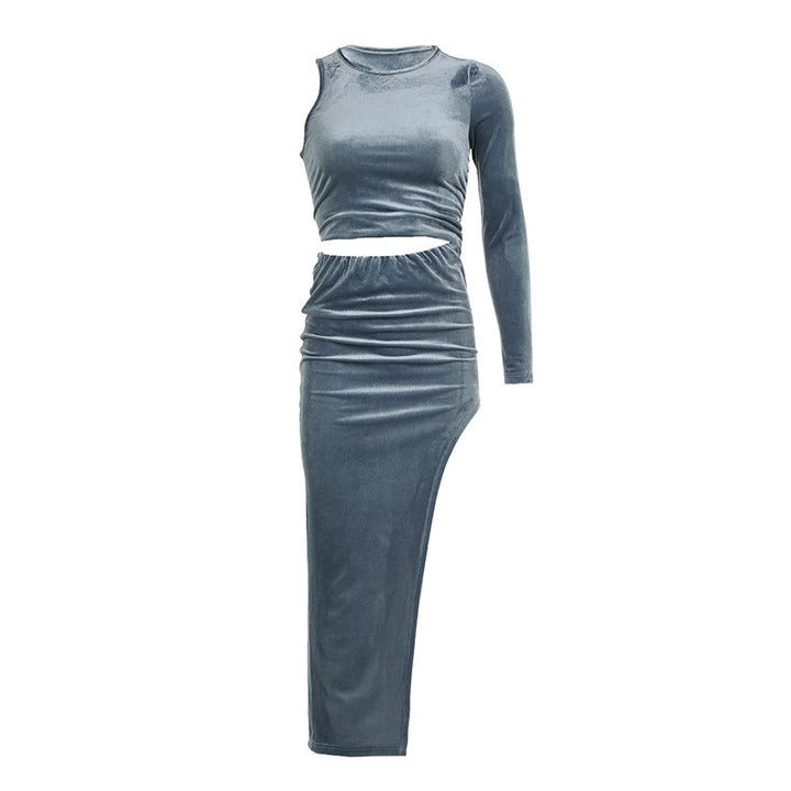 Damen elegantes, figurbetontes Maxikleid mit asymmetrischem Saum und langen Ärmeln Skovae