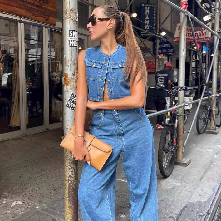 Femme Cropped Denim Utility Vest Stilla